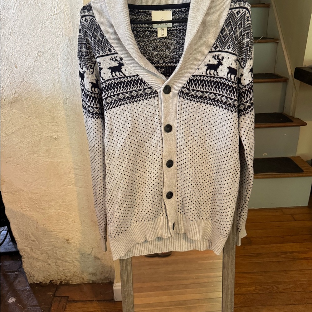 Gray Cardigan Sweater with Nordic Pattern